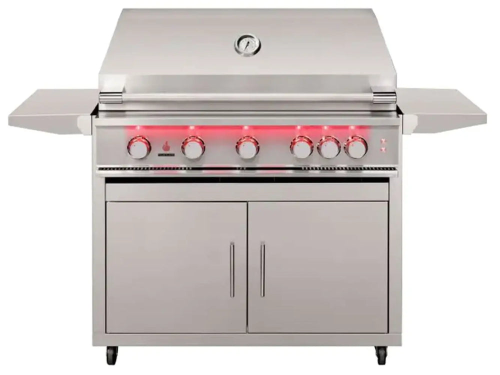 Closed stainless steel True Flame freestanding grill with five red LED-illuminated knobs, built-in thermometer, side shelves, and wheeled cabinet storage base.