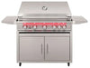 Closed stainless steel True Flame freestanding grill with five red LED-illuminated knobs, built-in thermometer, side shelves, and wheeled cabinet storage base.
