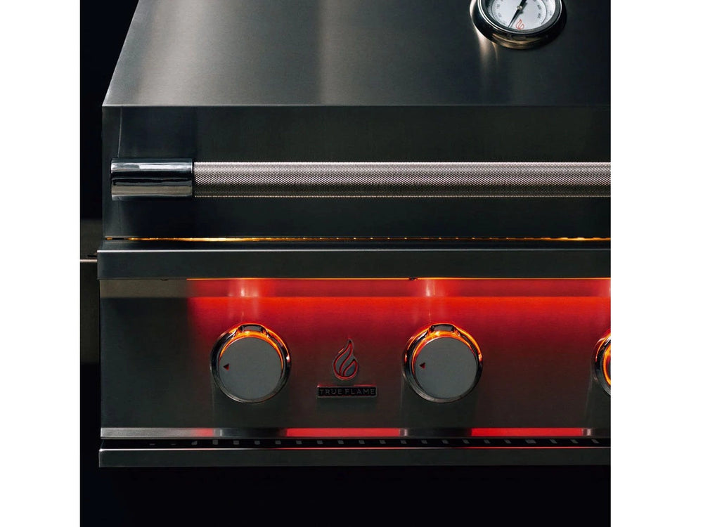 Partial close-up of True Flame grill’s stainless steel hood, built-in thermometer, and glowing red control knob.