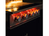 Angled view of True Flame grill with five control knobs glowing red under warm interior cooking light.