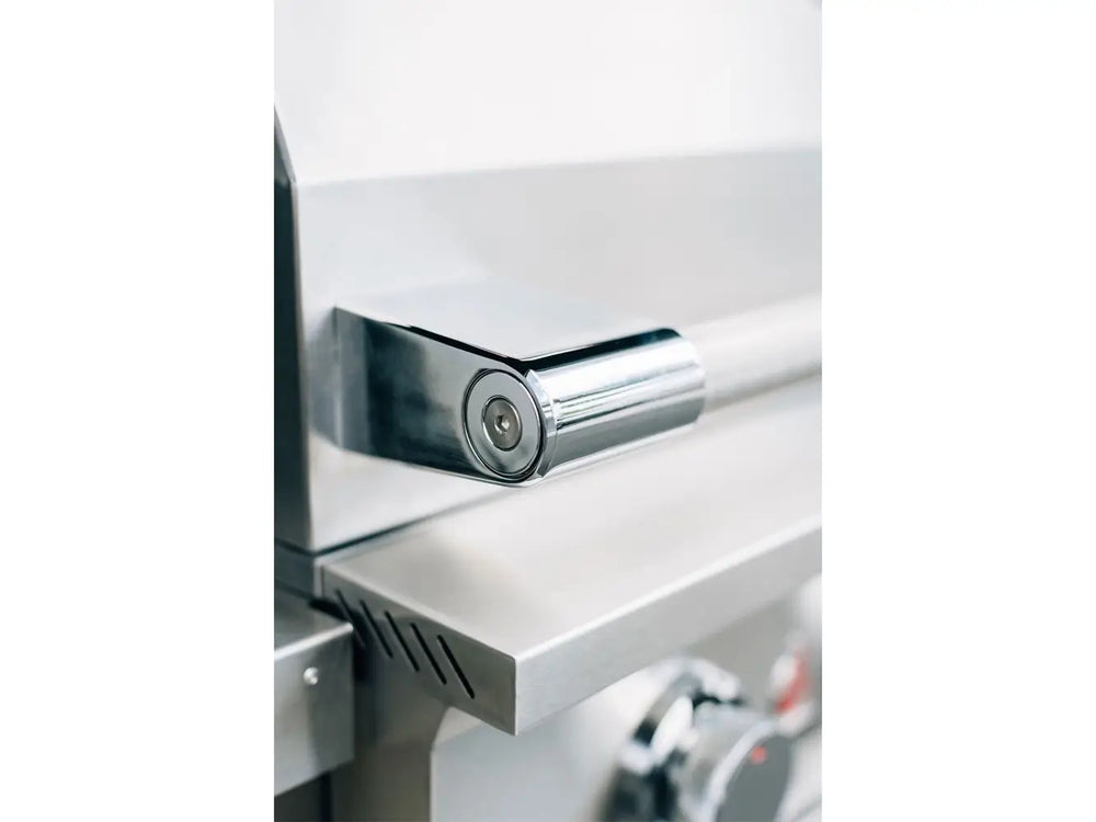 Left-side view of the True Flame gas grill hood hinge and handle with polished chrome detailing.