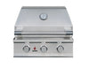 Front view of True Flame stainless steel gas grill with three chrome control knobs and built-in hood thermometer.