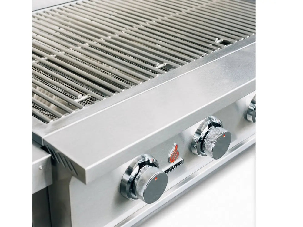 Close-up of stainless steel grill grates and control knobs on a True Flame outdoor built-in gas barbecue grill.