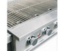 Close-up of stainless steel grill grates and control knobs on a True Flame outdoor built-in gas barbecue grill.
