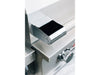 Close-up of the right-side end cap and grill hood handle on the True Flame gas grill with chrome accents.