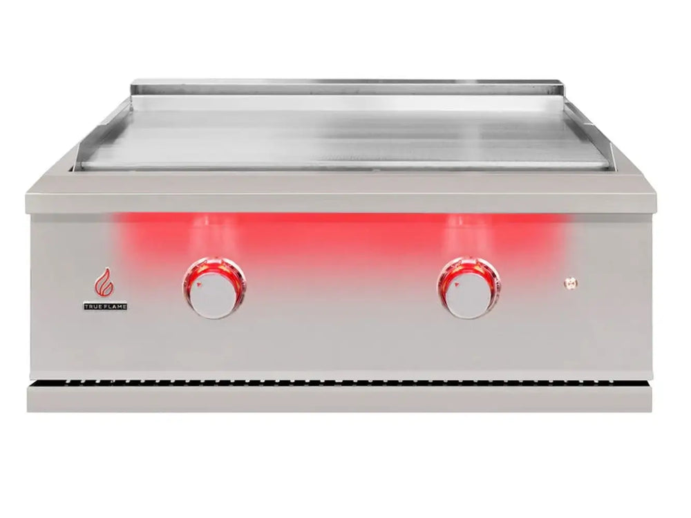 True Flame built-in flat top gas griddle with two red LED-illuminated knobs and stainless steel cooking surface.