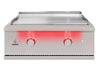 True Flame built-in flat top gas griddle with two red LED-illuminated knobs and stainless steel cooking surface.