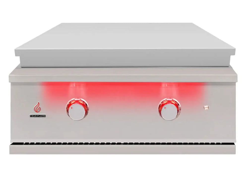 Front view of closed True Flame built-in gas griddle with two red LED-lit knobs and a sleek stainless steel lid.