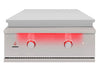Front view of closed True Flame built-in gas griddle with two red LED-lit knobs and a sleek stainless steel lid.