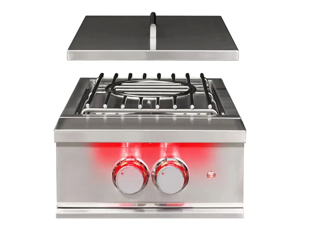True Flame wok burner with stainless steel grate, round wok support, open lid, and dual red LED-lit control knobs.