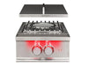 True Flame wok burner with stainless steel grate, round wok support, open lid, and dual red LED-lit control knobs.
