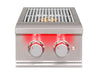 Front view of True Flame power burner with stainless steel grates and dual red LED-lit control knobs.