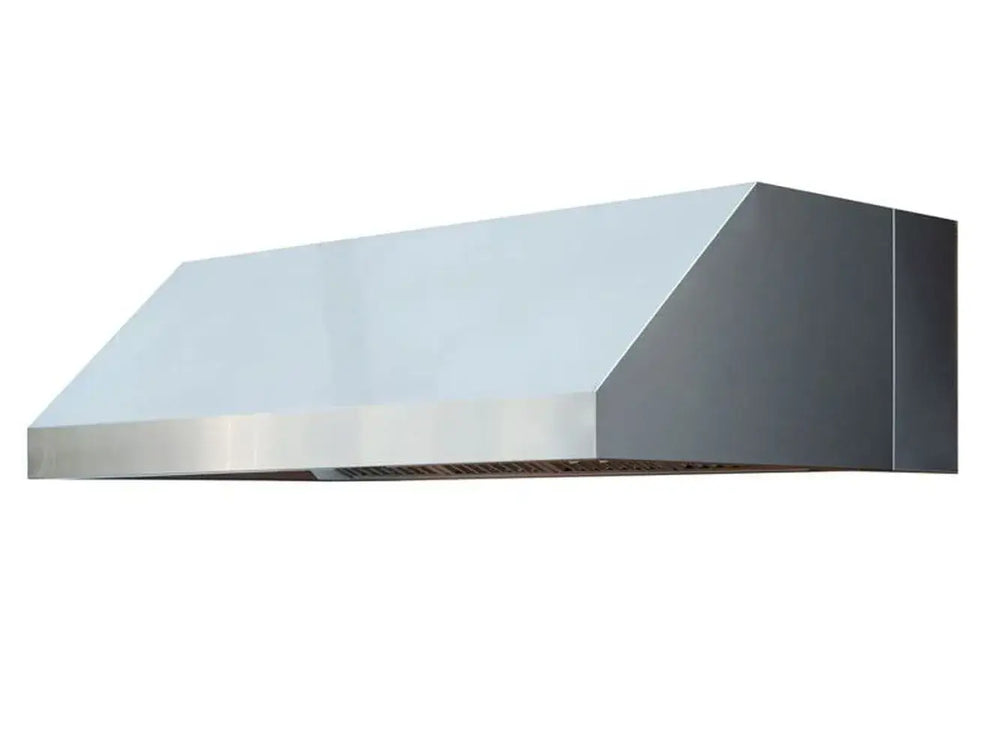 TrueFlame outdoor vent hood, professional stainless steel angled exterior.