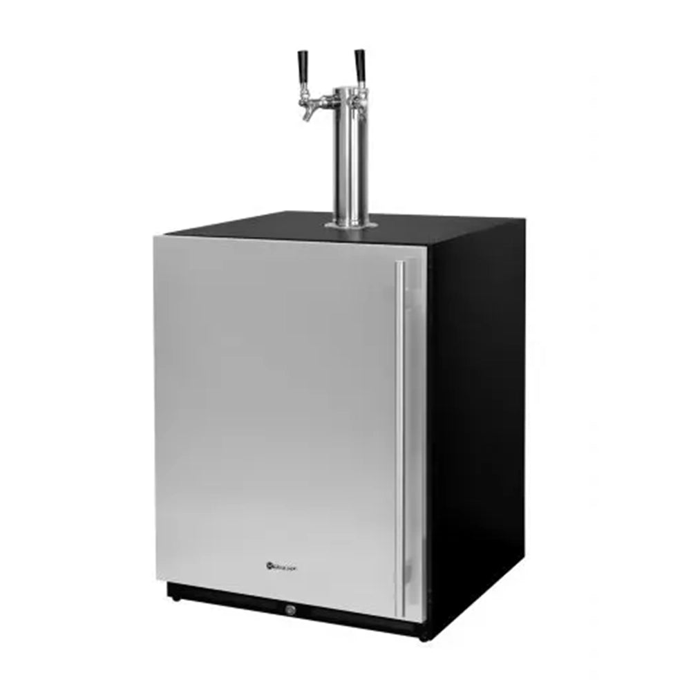 Kegco 24" Dual Tap ADA Kegerator with stainless steel door, black cabinet, and two-faucet chrome draft tower