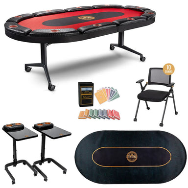 Triton Poker Table 10 player set with folding table, 10 rolling chairs, side tables, playing cards, and custom poker mat.