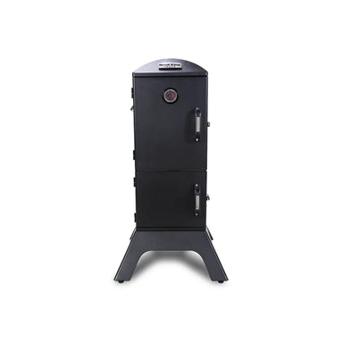 Broil King Vertical Gas Smoker in closed position with front thermometer, dual access doors, and sturdy black base on a light gray background.