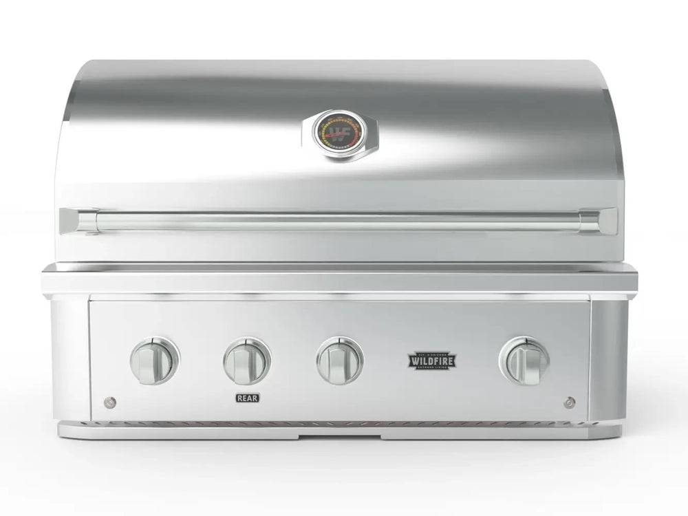 Wildfire 36-Inch Built-In Gas Grill front view with silver control knobs and stainless steel finish