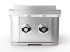 Wildfire Ranch Stainless Steel Double Side Burner featuring dual precision control knobs, sleek full stainless steel design, and integrated lid, perfect for preparing sauces and sides in outdoor kitchens.