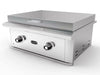 Angled view of Wildfire Ranch Pro 30" 304 SS Built-In Griddle showcasing premium stainless steel construction, rear ventilation cutouts, and a wide flat griddle surface with integrated lid and ergonomic control knobs.