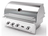 Wildfire 36-Inch Built-In Gas Grill angled view with stainless steel hood and four control knobs