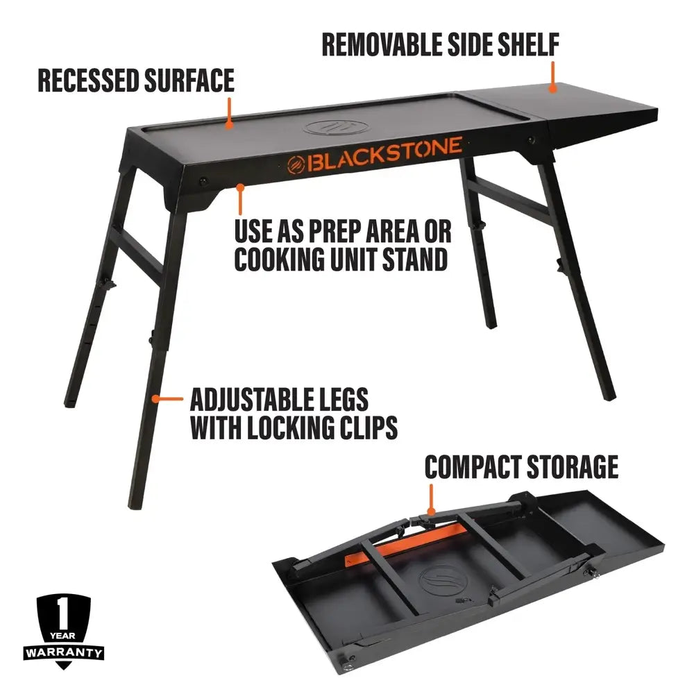 Blackstone Omni Stand feature diagram showing recessed surface, removable shelf, adjustable legs, and folding design