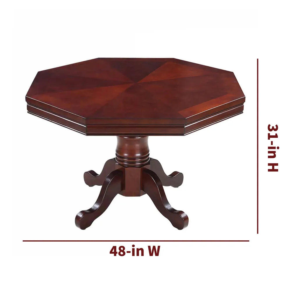 Solid wood octagonal dining table measuring 48 inches wide and 31 inches high with a pedestal base.